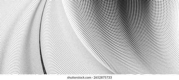 Uma interação fluida de ondas de meio-tom dinâmicas e fluxo de partículas em fluxo contínuo - arte abstrata de movimento pontilhado que evoca energia, frequência e ritmo digital