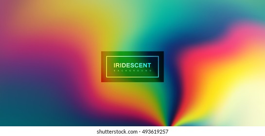 Fluid iridescent multicolored background. Vector illustration of iridescent rainbow fluids. Holographic neon effect. Applicable for flyer, banner, poster, brochure, cover. Spectrum colors. Light decay