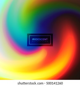 Fluid iridescent multicolored background. Vector illustration of iridescent rainbow fluids. Holographic neon whirlpool effect. Applicable for flyer, banner, poster, brochure, cover. Spectrum colors