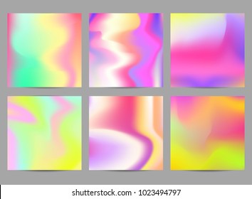 Fluid iridescent multicolored backgrounds. Vector illustration of fluids. Poster set with holographic neon effect. Applicable for flyer, banner, poster, brochure, card.