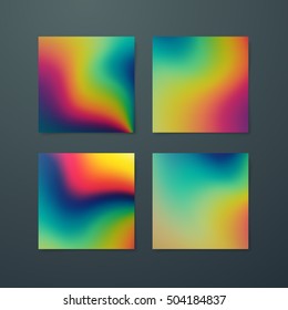 Fluid iridescent multicolored backgrounds. Vector illustration of melted iridescent fluids. Poster set with spectrum neon effect. Applicable for flyer, banner, poster, brochure, card.