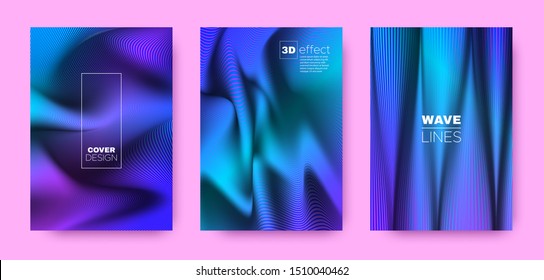 Fluid Linear Poster. Violet Modern Covers Set. Dynamic Brochure. 3d Geometric Vibrant Gradient. Purple Wave Linear Poster. Vector Covers Set. Dynamic Background. Stripe Poster.