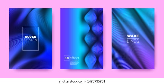 Fluid Lines Poster. Blue Abstract Covers Set. Movement Brochure. 3d Distorted Vibrant Gradient. Multicolor Fluid Linear Poster. Vector Covers Set. Movement Background. Stripe Poster.