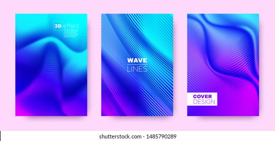 Fluid Lines Poster. Cyan Vector Covers Set. Movement Background. 3d Distorted Halftone Texture. Purple Wave Linear Poster. Abstract Covers Set. Movement Background. Stripe Poster.