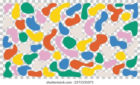 Fluid and liquid blobs with abstract geometric shapes on a transparent background, ideal for bubble elements and splash decor. High quality vector set for creative design projects.