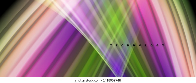 Fluid liquid color wave lines, glowing colorful light effect, abstract composition template. Geometric technology abstract pattern. Movement and motion concept