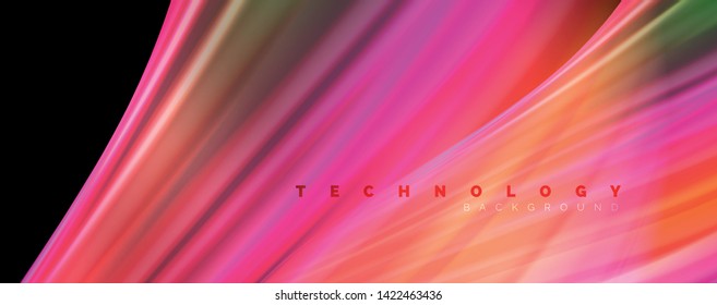 Fluid liquid color wave lines, glowing colorful light effect, abstract composition template. Geometric technology abstract pattern. Movement and motion concept