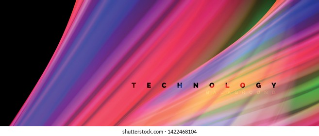 Fluid liquid color wave lines, glowing colorful light effect, abstract composition template. Geometric technology abstract pattern. Movement and motion concept