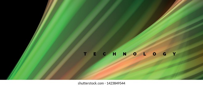 Fluid liquid color wave lines, glowing colorful light effect, abstract composition template. Geometric technology abstract pattern. Movement and motion concept