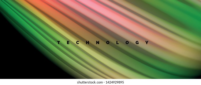 Fluid liquid color wave lines, glowing colorful light effect, abstract composition template. Geometric technology abstract pattern. Movement and motion concept