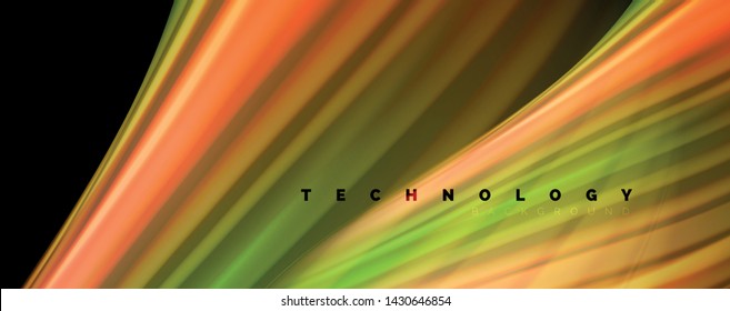 Fluid liquid color wave lines, glowing colorful light effect, abstract composition template. Geometric technology abstract pattern. Movement and motion concept
