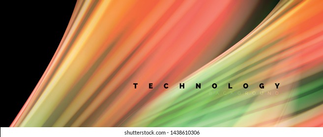 Fluid liquid color wave lines, glowing colorful light effect, abstract composition template. Geometric technology abstract pattern. Movement and motion concept