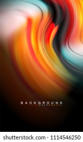 Fluid liquid colors design, colorful marble or plastic wavy texture background, glowing multicolored elements on black, for business or technology presentation or web brochure cover design, wallpaper