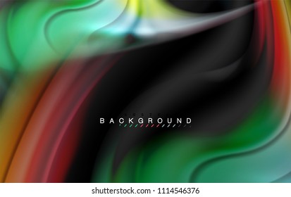 Fluid liquid colors design, colorful marble or plastic wavy texture background, glowing multicolored elements on black, for business or technology presentation or web brochure cover design, wallpaper