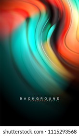 Fluid liquid colors design, colorful marble or plastic wavy texture background, glowing multicolored elements on black, for business or technology presentation or web brochure cover design, wallpaper