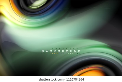 Fluid liquid colors design, colorful marble or plastic wavy texture background, glowing multicolored elements on black, for business or technology presentation or web brochure cover design, wallpaper