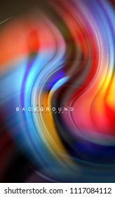 Fluid liquid colors design, colorful marble or plastic wavy texture background, glowing multicolored elements on black, for business or technology presentation or web brochure cover design, wallpaper