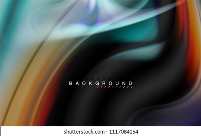 Fluid liquid colors design, colorful marble or plastic wavy texture background, glowing multicolored elements on black, for business or technology presentation or web brochure cover design, wallpaper
