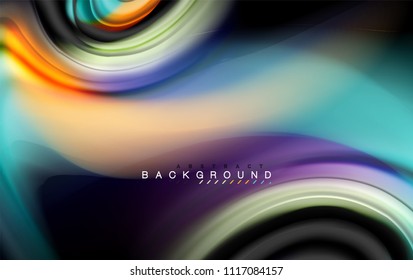 Fluid liquid colors design, colorful marble or plastic wavy texture background, glowing multicolored elements on black, for business or technology presentation or web brochure cover design, wallpaper