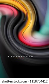 Fluid liquid colors design, colorful marble or plastic wavy texture background, glowing multicolored elements on black, for business or technology presentation or web brochure cover design, wallpaper