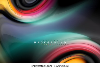 Fluid liquid colors design, colorful marble or plastic wavy texture background, glowing multicolored elements on black, for business or technology presentation or web brochure cover design, wallpaper