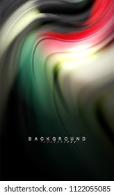 Fluid liquid colors design, colorful marble or plastic wavy texture background, glowing multicolored elements on black, for business or technology presentation or web brochure cover design, wallpaper