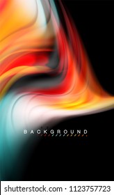 Fluid liquid colors design, colorful marble or plastic wavy texture background, glowing multicolored elements on black, for business or technology presentation or web brochure cover design, wallpaper