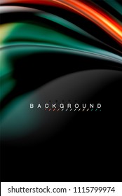 Fluid liquid glowing colors design, colorful marble or plastic wavy texture background, glowing multicolored elements on black, for business or technology presentation or web brochure cover design