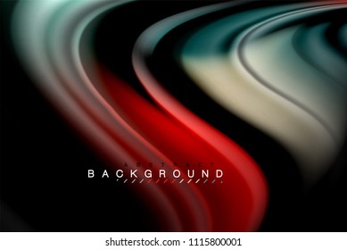 Fluid liquid glowing colors design, colorful marble or plastic wavy texture background, glowing multicolored elements on black, for business or technology presentation or web brochure cover design