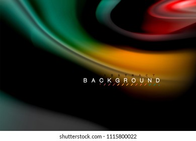 Fluid liquid glowing colors design, colorful marble or plastic wavy texture background, glowing multicolored elements on black, for business or technology presentation or web brochure cover design