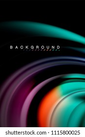 Fluid liquid glowing colors design, colorful marble or plastic wavy texture background, glowing multicolored elements on black, for business or technology presentation or web brochure cover design