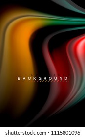 Fluid liquid glowing colors design, colorful marble or plastic wavy texture background, glowing multicolored elements on black, for business or technology presentation or web brochure cover design