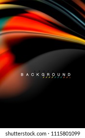 Fluid liquid glowing colors design, colorful marble or plastic wavy texture background, glowing multicolored elements on black, for business or technology presentation or web brochure cover design
