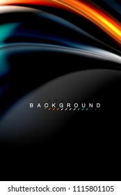 Flüssige flüssige Farben, bunter Marmor oder plastischer Wavy-Texturhintergrund, leuchtende mehrfarbige Elemente auf Schwarz, für Geschäfts- oder Technologiepräsentation oder Webbroschürendesign