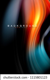 Fluid liquid glowing colors design, colorful marble or plastic wavy texture background, glowing multicolored elements on black, for business or technology presentation or web brochure cover design