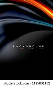 Fluid liquid glowing colors design, colorful marble or plastic wavy texture background, glowing multicolored elements on black, for business or technology presentation or web brochure cover design