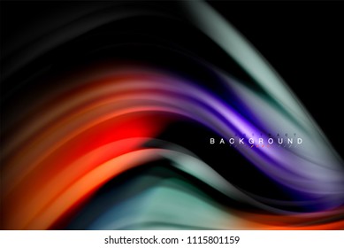 Fluid liquid glowing colors design, colorful marble or plastic wavy texture background, glowing multicolored elements on black, for business or technology presentation or web brochure cover design