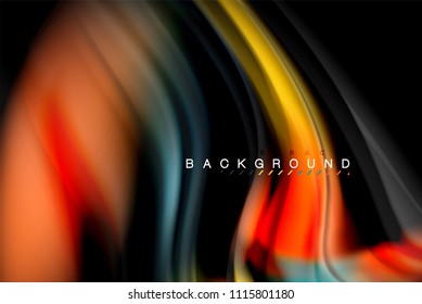 Fluid liquid glowing colors design, colorful marble or plastic wavy texture background, glowing multicolored elements on black, for business or technology presentation or web brochure cover design