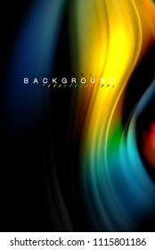 Fluid liquid glowing colors design, colorful marble or plastic wavy texture background, glowing multicolored elements on black, for business or technology presentation or web brochure cover design