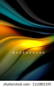 Flüssige flüssige Farben, bunter Marmor oder plastischer Wavy-Texturhintergrund, leuchtende mehrfarbige Elemente auf Schwarz, für Geschäfts- oder Technologiepräsentation oder Webbroschürendesign
