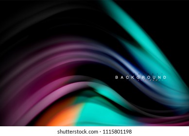 Fluid liquid glowing colors design, colorful marble or plastic wavy texture background, glowing multicolored elements on black, for business or technology presentation or web brochure cover design
