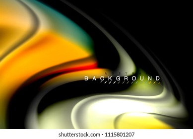 Fluid liquid glowing colors design, colorful marble or plastic wavy texture background, glowing multicolored elements on black, for business or technology presentation or web brochure cover design
