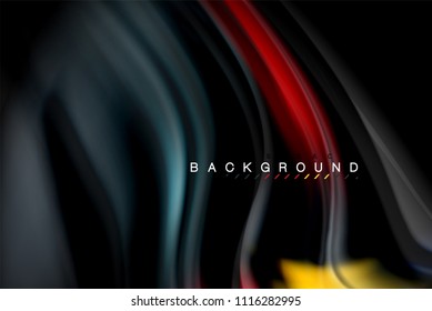 Fluid liquid glowing colors design, colorful marble or plastic wavy texture background, glowing multicolored elements on black, for business or technology presentation or web brochure cover design