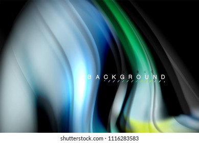 Fluid liquid glowing colors design, colorful marble or plastic wavy texture background, glowing multicolored elements on black, for business or technology presentation or web brochure cover design