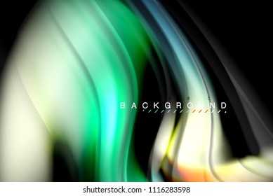 Fluid liquid glowing colors design, colorful marble or plastic wavy texture background, glowing multicolored elements on black, for business or technology presentation or web brochure cover design