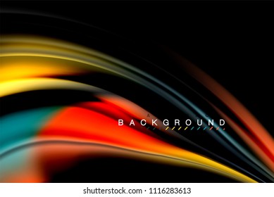 Fluid liquid glowing colors design, colorful marble or plastic wavy texture background, glowing multicolored elements on black, for business or technology presentation or web brochure cover design