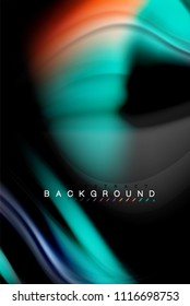 Fluid liquid glowing colors design, colorful marble or plastic wavy texture background, glowing multicolored elements on black, for business or technology presentation or web brochure cover design