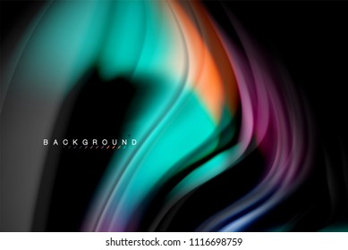 Diseño de colores brillantes líquido fluido, fondo de textura ondulada de mármol colorido o plástico, elementos multicolores brillantes sobre negro, para presentación de negocios o tecnología o diseño de portada web
