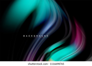 Fluid liquid glowing colors design, colorful marble or plastic wavy texture background, glowing multicolored elements on black, for business or technology presentation or web brochure cover design