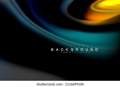 Fluid liquid glowing colors design, colorful marble or plastic wavy texture background, glowing multicolored elements on black, for business or technology presentation or web brochure cover design
